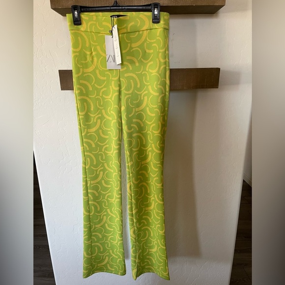 Zara| Neon Green Marbled 70’s Style Wide Leg Pull On Pants, Flare w Slit•••NWT - Picture 5 of 16